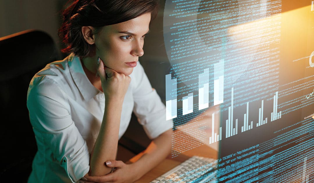 Female SEO professional using software.